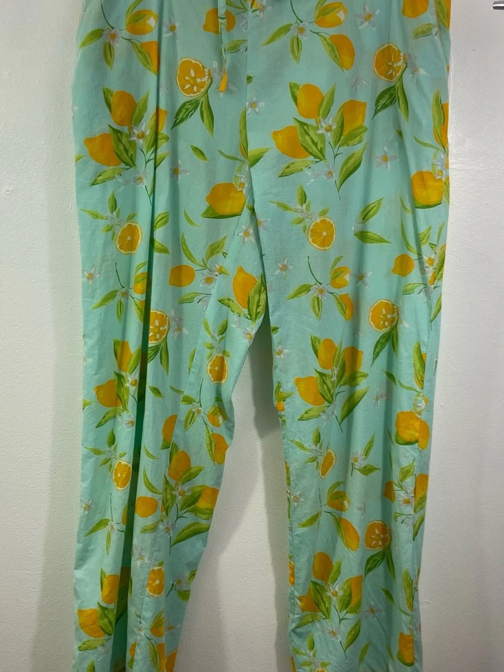 Mahogany Pajama Set Lemon Print Blue Yellow Cotton Top Pants Large Colorful